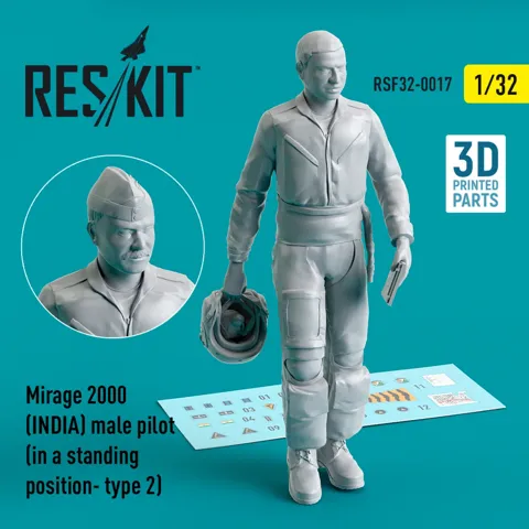 3D tištěná figurka Reskit RSF32-0017 – stojící pilot Mirage 2000 indického letectva v měřítku 1/32