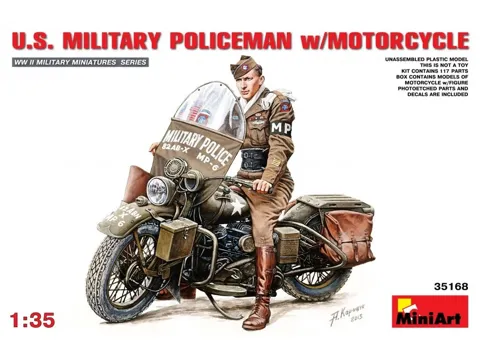 Krabice plastikové stavebnice MiniArt 35168 americký vojenský policista s motocyklem 1/35