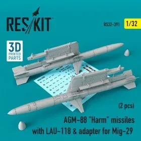 Sada Reskit RS32-0391 — rakety AGM-88 HARM s LAU-118 a adaptérem pro MiG-29, měřítko 1/32