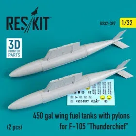 Reskit RS32-0397 křídlové přídavné nádrže 450 gal s pylony pro F-105 Thunderchief 1/32