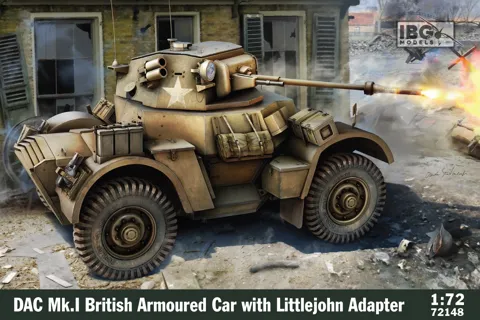 Krabice stavebnice IBG Models 72148 DAC Mk.I britský obrněný automobil s adaptérem Littlejohn 1/72
