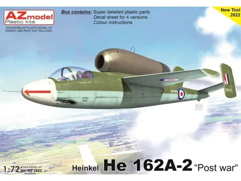 Krabice plastikové stavebnice AZ Model 1/72 Heinkel He 162A-2 Post war, kód AZ7822