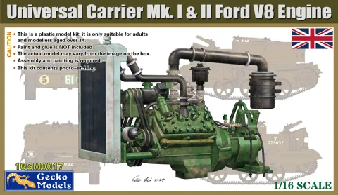 Plastiková stavebnice motoru Ford V8 Gecko Models 16GM0017 v měřítku 1/16 pro Universal Carrier