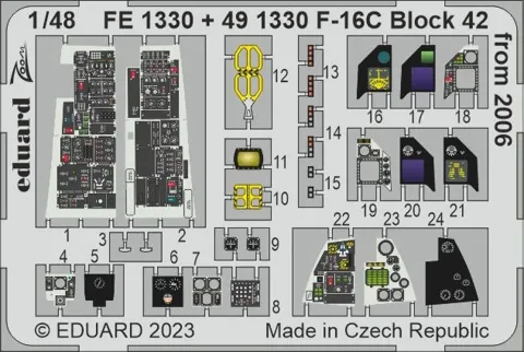 Barevné fotolepty Eduard FE1330 Zoom pro F-16C Block 42 v měřítku 1/48, díly kokpitu