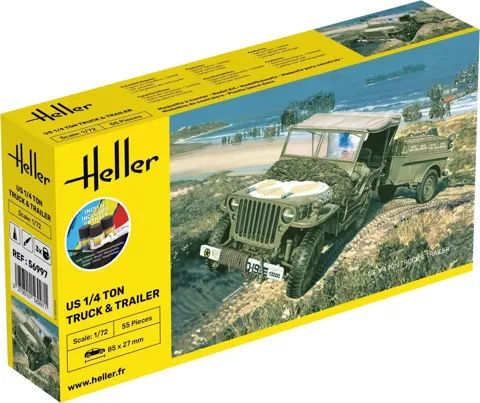 Krabice stavebnice Heller 56997 Starter Kit 1/72 americký čtvrttunový vůz s přívěsem