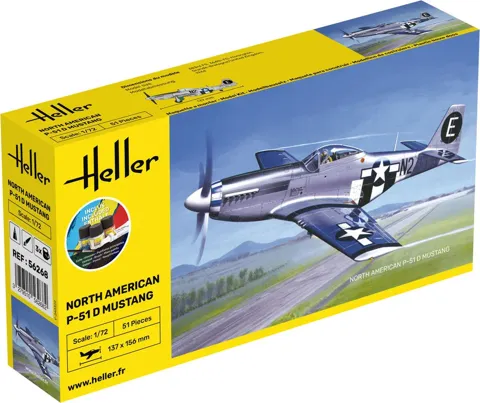 Krabice startovací sady Heller 56268 P-51 Mustang v měřítku 1/72 s barvami, lepidlem a štětcem