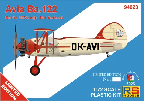 Krabice stavebnice RS Models 94023 Avia Ba.122 OK-AVI Berlin 36 v měřítku 1/72