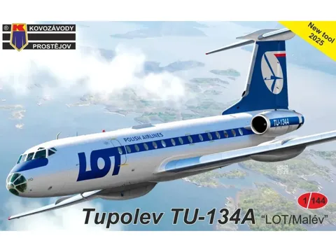 Krabice plastikové stavebnice Kovozávody Prostějov 1/144 Tupolev Tu-134A LOT/Malév