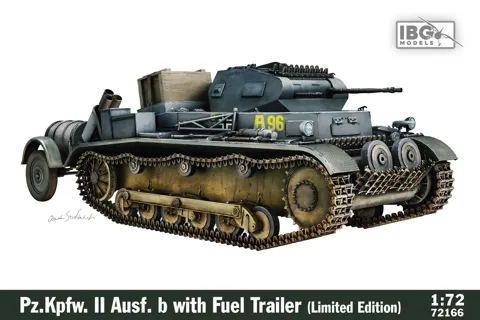 Krabice stavebnice IBG Models 72166 Pz.Kpfw. II Ausf. b s palivovým přívěsem v měřítku 1/72