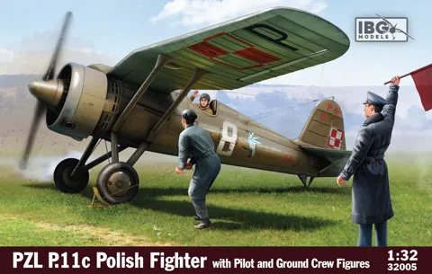 Krabice stavebnice IBG Models 32005 PZL P.11c v měřítku 1/32 s figurkami pilota a pozemního personálu