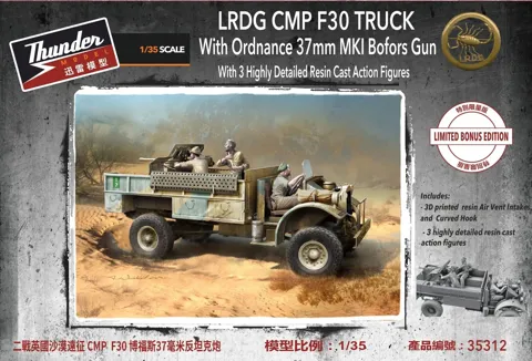Krabice stavebnice Thunder Model TM35312 LRDG F30 Gun Truck 1/35 s figurkami