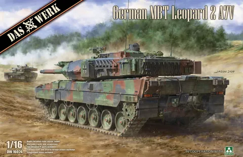 Krabice stavebnice Das Werk 1/16 Leopard 2 A7V, německý hlavní bojový tank, kód DW16024