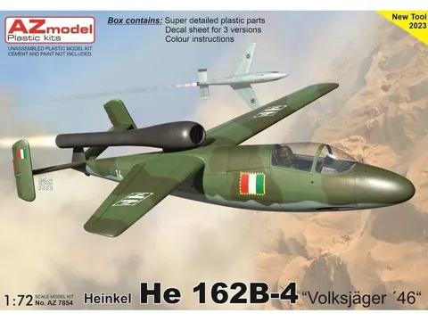 Krabice stavebnice AZ Model 1/72 Heinkel He 162B-4 Volksjäger 46, plastikový model letadla