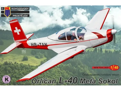 Krabice stavebnice Kovozávody Prostějov KPM4830 Orličan L-40 Meta Sokol v měřítku 1/48