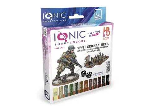 Sada 12 akrylových barev AMMO Mig IONIC 1202 Smart Acrylic Colors, uniformy Heer a Splittermuster, 20 ml