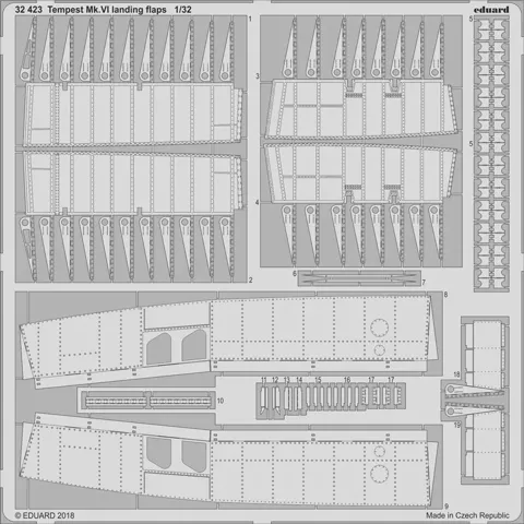 Fotoleptaná sada Eduard 32423 vztlakové klapky pro Tempest Mk.VI v měřítku 1/32