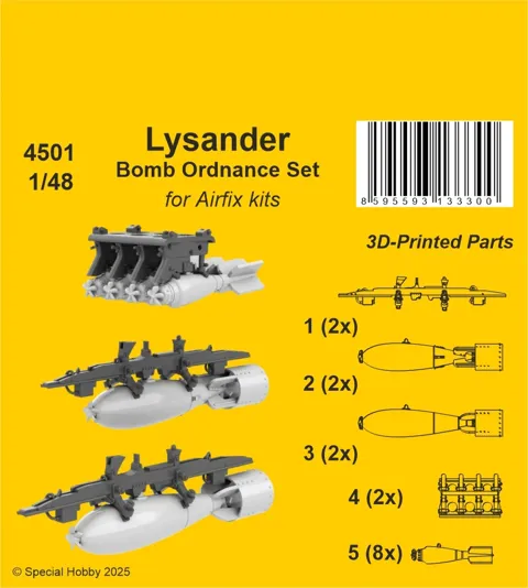 Resinová sada pumové výzbroje CMK 4501 pro Lysander 1/48 — pumy a závěsníky