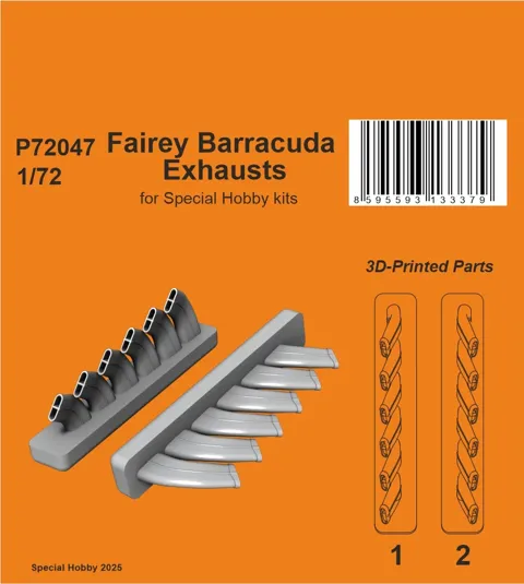 3D tištěné výfuky CMK P72047 pro model Fairey Barracuda v měřítku 1/72