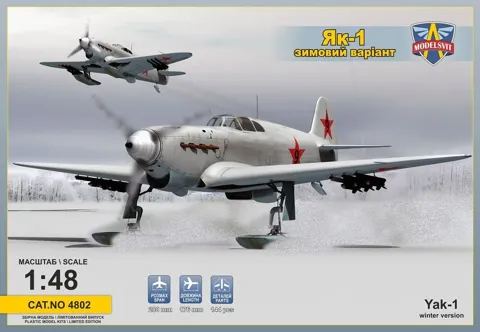 Stavebnice ModelSvit 4802 Yak-1 sovětský stíhací letoun na lyžích v měřítku 1/48