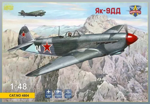 Krabice plastikové stavebnice ModelSvit 4804 Yak-9DD v měřítku 1/48