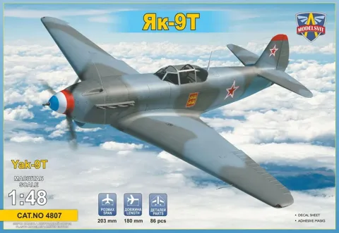 Krabice plastikové stavebnice ModelSvit 4807 Yak-9T v měřítku 1/48