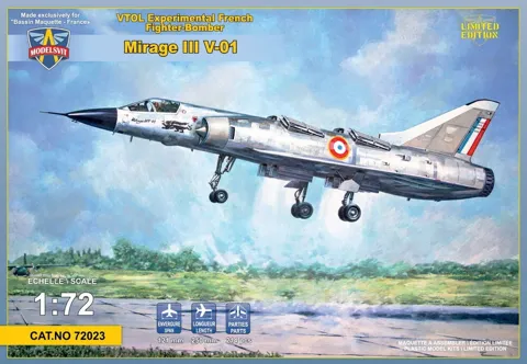 Krabice plastikové stavebnice ModelSvit 72023 Mirage III V-01 francouzský VTOL v měřítku 1/72