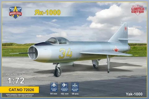 Krabice plastikové stavebnice ModelSvit 72026 Yak-1000 nadzvukový demonstrátor v měřítku 1/72