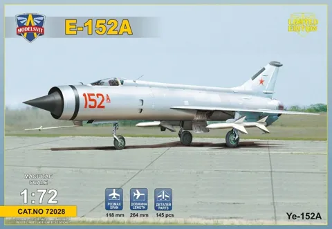 Krabice plastikové stavebnice ModelSvit 1/72 Je-152A, sovětský dvoumotorový prototyp přepadového stíhače