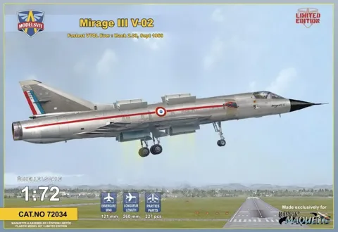 Krabice plastikové stavebnice ModelSvit 72034 Mirage III V-02 v měřítku 1/72