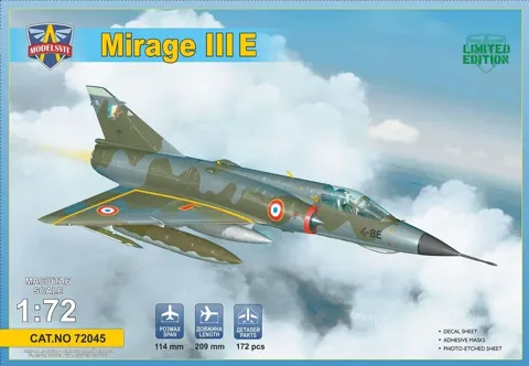Krabice plastikové stavebnice ModelSvit 72045 Mirage IIIE v měřítku 1/72