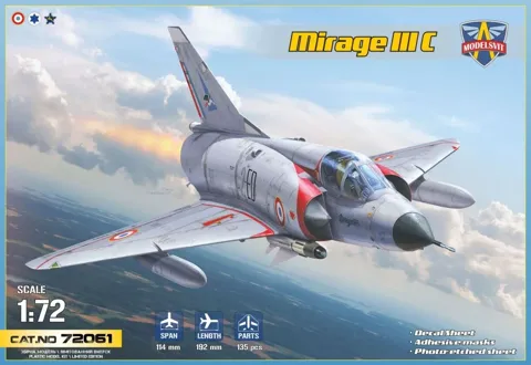 Krabice plastikové stavebnice ModelSvit 1/72 Mirage IIIC, přepadový stíhač