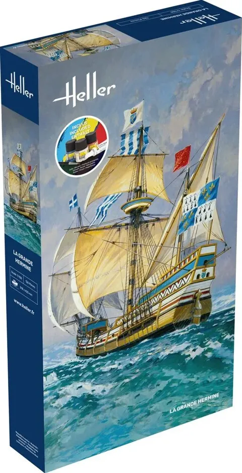 Krabice stavebnice Heller 56841 La Grande Hermine 1/150 Starter Kit s historickou plachetnicí