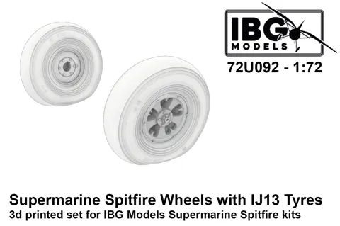 3D tištěná kola IBG Models 72U092 s pneumatikami IJ13 pro Supermarine Spitfire v měřítku 1/72