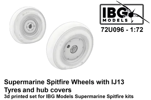 3D tištěná kola IBG Models 72U096 pro Supermarine Spitfire 1/72 s pneumatikami IJ13 a kryty nábojů