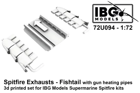 3D tištěný set výfuků IBG Models 72U094 typu Fishtail pro Spitfire v měřítku 1/72