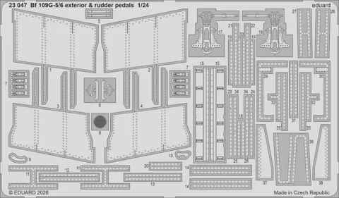 Fotoleptaná sada Eduard 23047 Bf 109G-5/6 exteriér a pedály směrovky v měřítku 1/24
