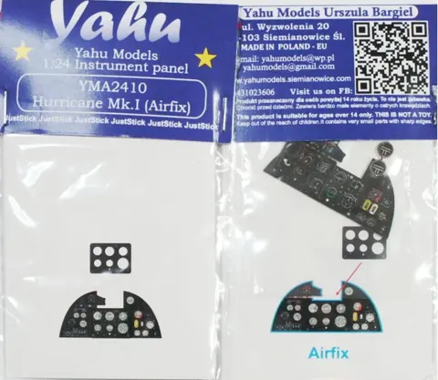 Barevná leptaná přístrojová deska Yahu Models YMA2410 pro Hurricane I v měřítku 1/24