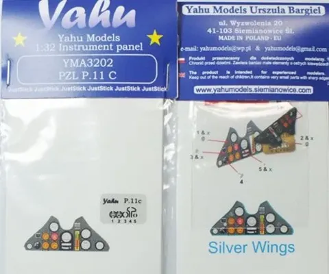 Barevný leptaný přístrojový panel Yahu Models YMA3202 PZL P.11c v měřítku 1/32
