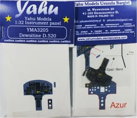 Barevný leptaný přístrojový panel Yahu Models YMA3205 Dewoitine D.520 v měřítku 1/32