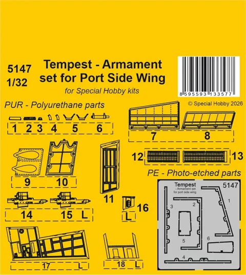 Resinové a fotoleptané díly setu CMK 5147 Tempest výzbroj levého křídla v měřítku 1/32