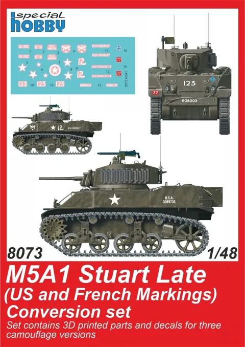 Konverzní set CMK 8073 M5A1 Stuart Late 1/48 – díly z 3D tisku a obtiskový arch