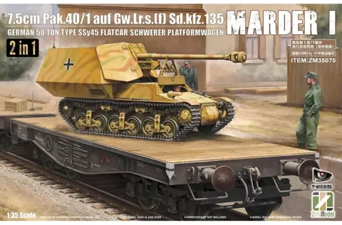 Krabice stavebnice ZIMI Model ZM35075 Marder I Sd.Kfz.135 s železničním plošinovým vozem SSy45 v měřítku 1/35