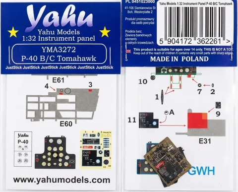Samolepicí přístrojová deska Yahu Models YMA3272 pro P-40 B/C Tomahawk v měřítku 1/32