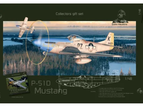 Sběratelský set Duke Hawkins 1/48 P-51D Mustang – krabice se stavebnicí, publikací a doplňky