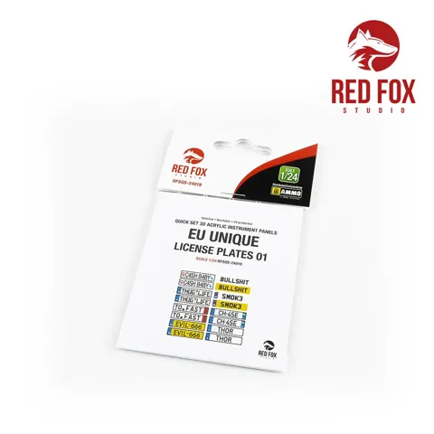 Sada registračních značek Red Fox Studio RFSQS-24019 vol. 01 v evropském formátu, měřítko 1/24