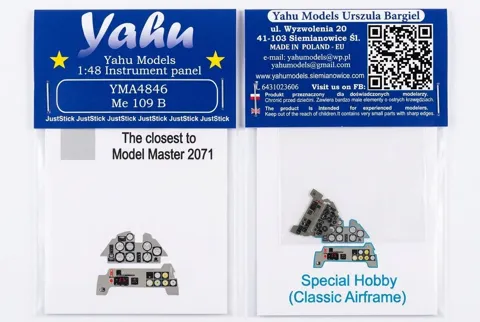 Barevně potištěný leptaný přístrojový panel Yahu Models YMA4846 Me-109 B v měřítku 1/48