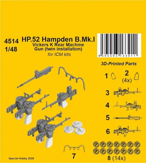 Resinový set CMK 4514 zadní kulomety Vickers K pro Hampden B.Mk.I v měřítku 1/48