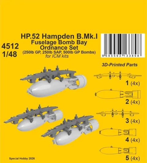 Resinová sada CMK 4512 výzbroj trupové pumovnice Hampden B.Mk.I v měřítku 1/48