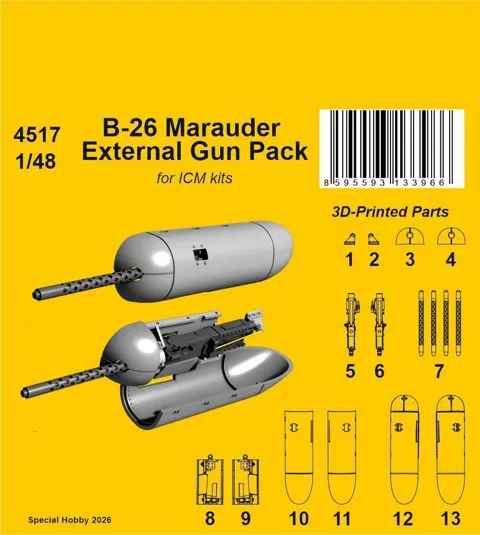 Resinový set CMK 4517 B-26 Marauder vnější zbraňový paket v měřítku 1/48 pro stavebnice ICM