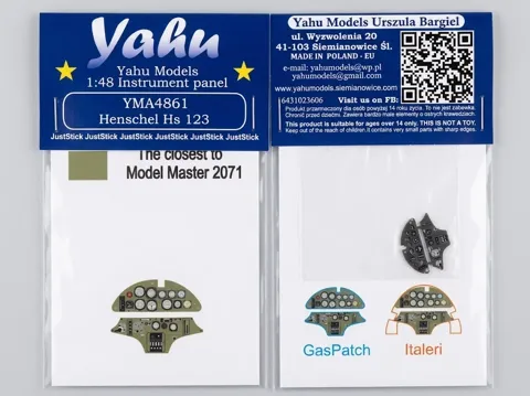 Barevně tištěný leptaný přístrojový panel Yahu Models YMA4861 pro Hs 123 v měřítku 1/48